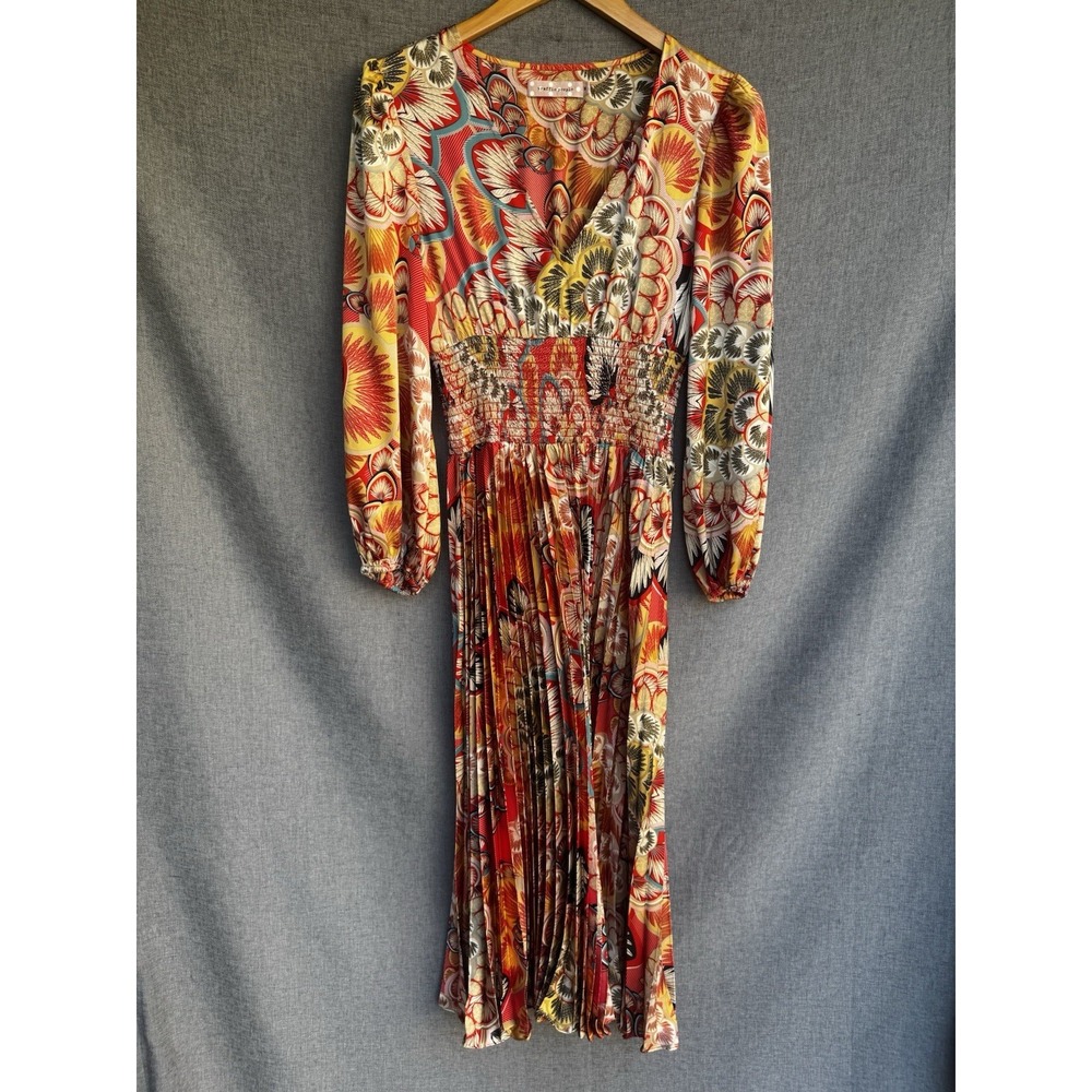 Traffic People Dress Red M Boho Whimsycore Smocked Retro Long Sleeve Silk V Neck